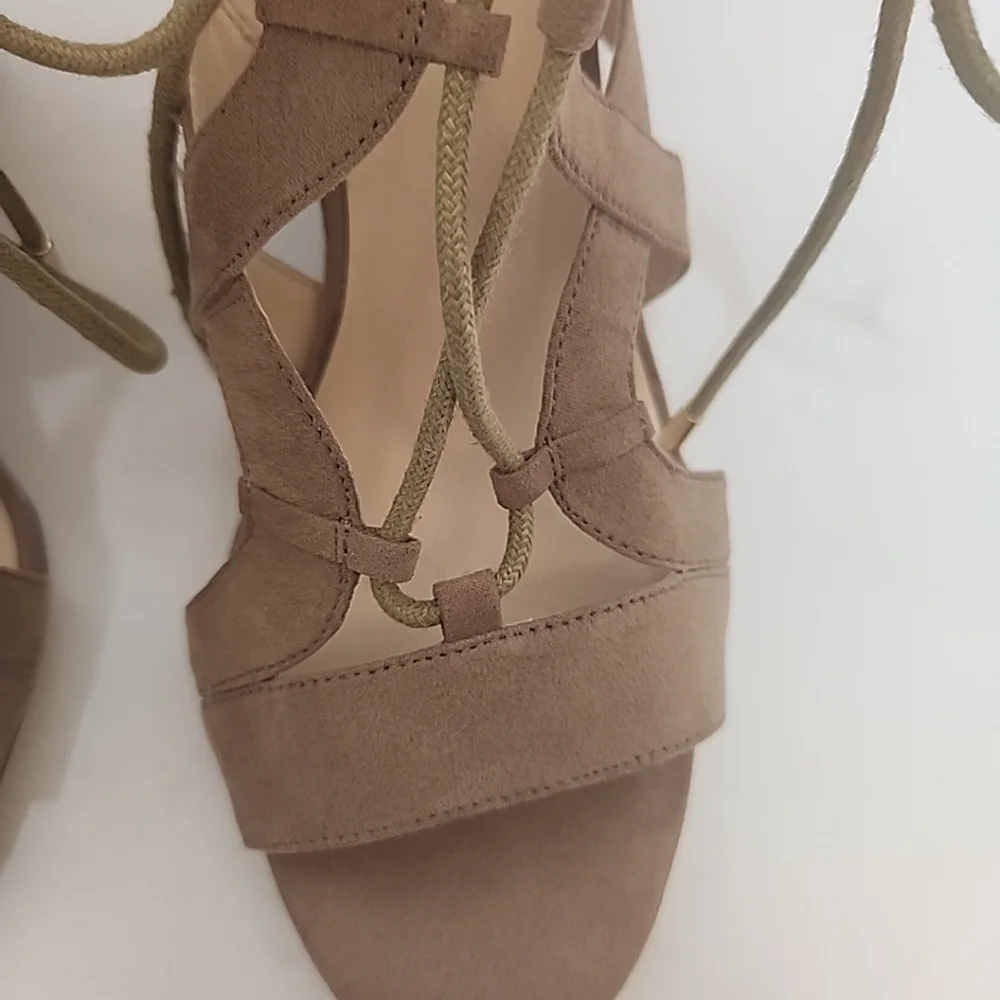 Nine West Women's Tan Beige Pasa Suede Lace Up Wedge Sandals Size 9